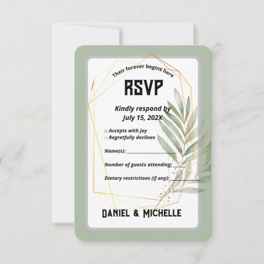 Modern gebogen zwart goud bruiloft botanische them RSVP kaartje (Voorkant)