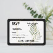 Modern gebogen zwart goud bruiloft botanische them RSVP kaartje (Staand voorkant)