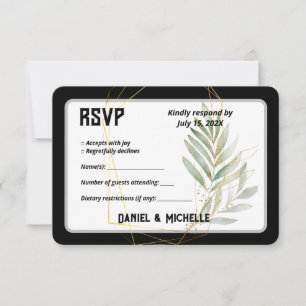 Modern gebogen zwart goud bruiloft botanische them RSVP kaartje