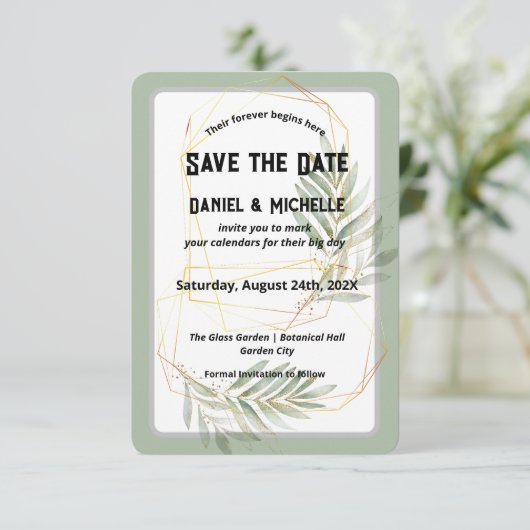 Modern gebogen zwart goud bruiloft botanische them save the date (Staand voorkant)