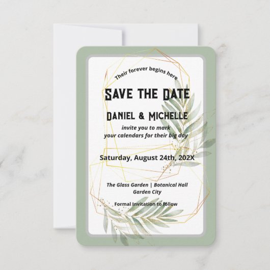 Modern gebogen zwart goud bruiloft botanische them save the date (Voorkant)