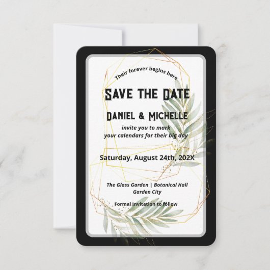 Modern gebogen zwart goud bruiloft botanische them save the date (Voorkant)