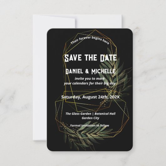 Modern gebogen zwart goud bruiloft botanische them save the date (Voorkant)
