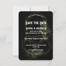 Modern gebogen zwart goud bruiloft botanische them save the date