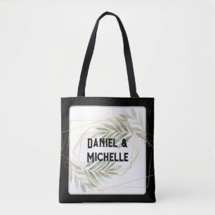 Modern gebogen zwart goud bruiloft botanische them tote bag
