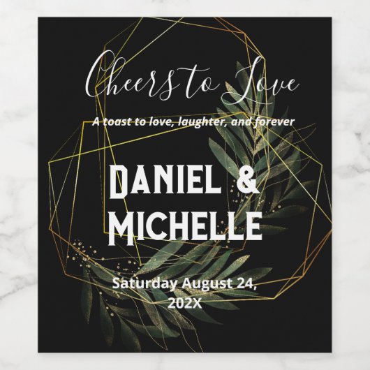 Modern gebogen zwart goud bruiloft botanische them wijn etiket (Enkel label)