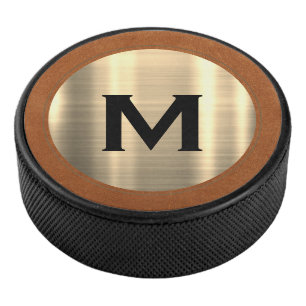 Modern geborsteld goudluxmonogram hockey puck