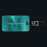 Modern geborsteld metaal Blauwgroen monogram Bagagelabel<br><div class="desc">Modern geborsteld metallisch Blauwgroen monogram Bagagelabel</div>