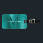 Modern geborsteld metaal Blauwgroen monogram Bagagelabel<br><div class="desc">Modern geborsteld metallisch Blauwgroen monogram Bagagelabel</div>