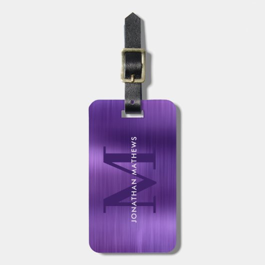 Modern geborsteld metaal violet monogram bagagelabel (Voorkant verticaal)