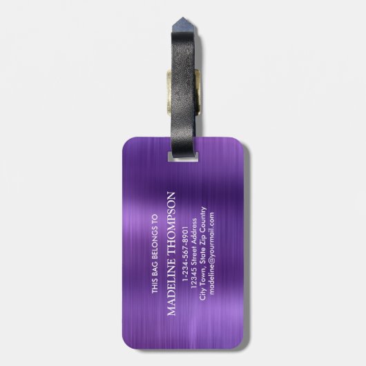 Modern geborsteld metaal violet monogram bagagelabel (Achterkant verticaal)