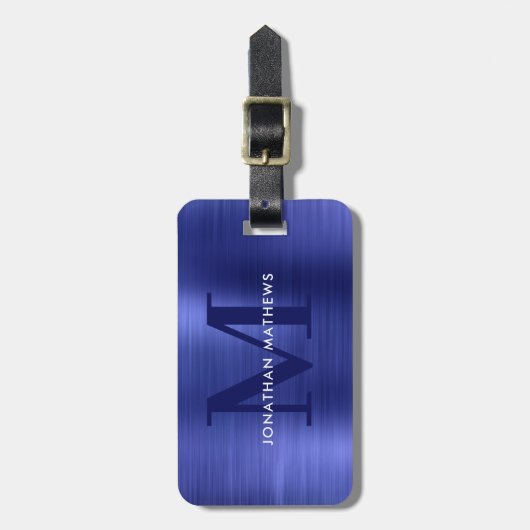 Modern geborsteld metallisch blauw monogram bagagelabel (Voorkant verticaal)