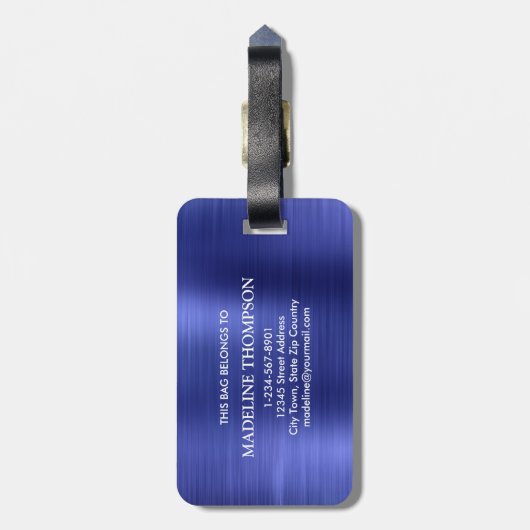 Modern geborsteld metallisch blauw monogram bagagelabel (Achterkant verticaal)