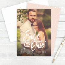 Modern Geborsteld Script Bruiloft Foto Blush Roze