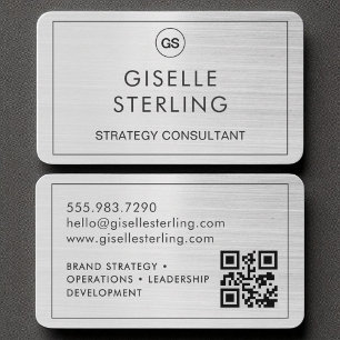 Modern geborsteld zilveren monogram QR-code Visitekaartje