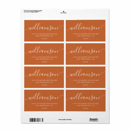 Modern gebrand Oranje script familie retouradres Etiket (Full Sheet)