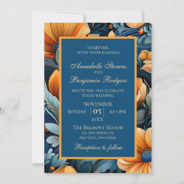 Modern gebrand Sinaasappel en Blauwe Bloemen Kaart