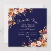 Modern gebrand Sinaasappel Navy Blue Wildflowers W Save The Date (Voorkant)