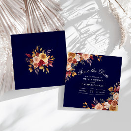Modern gebrand Sinaasappel Navy Blue Wildflowers W Save The Date