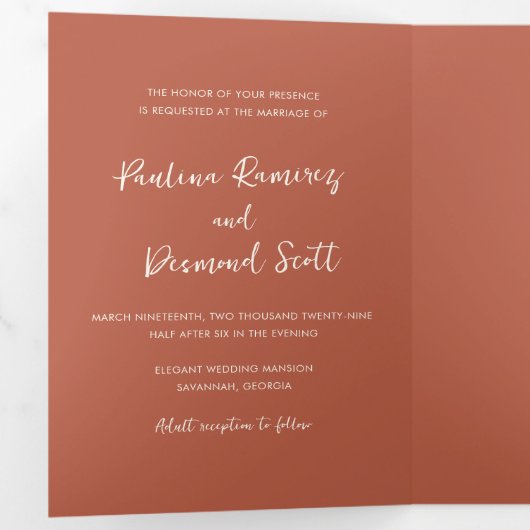 Modern gebrand Sinaasappel QR-code Eenvoudige brui Drieluik Uitnodiging (Binnenzijde eerst)