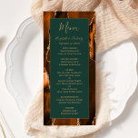 Modern gebrande Sinaasappel Agaat Donkergroene bru Menu<br><div class="desc">Dit elegante,  moderne huwelijksmenu beschikt over een waterverf verbrande sinaasappels agaat achtergrond afgewerkt met gouden faux glitter. De tekst wordt weergegeven in elegant goudkleurig handschrift en koperplaatlettertypen op een donkergroene rechthoek. Het agaatontwerp wordt op de achterkant herhaald.</div>