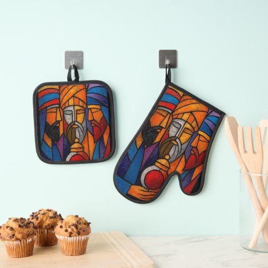 Modern Gebrandschilderd Glas Drie Wijzen Ovenwant & Pannenlap Set (Insitu(Ophanging))