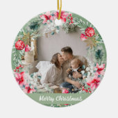 Modern gedicht Poinsettia rood groene krans kerst Keramisch Ornament (Voorkant)