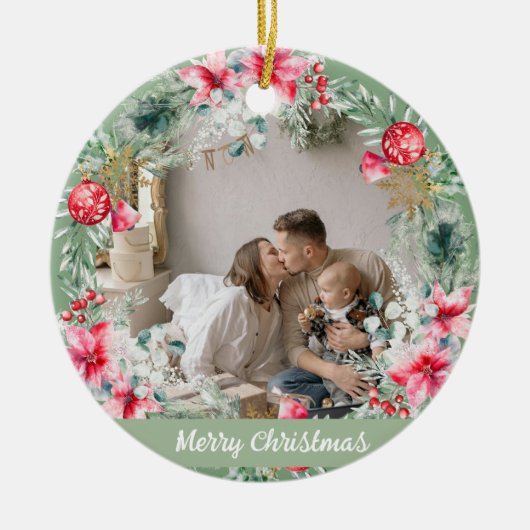 Modern gedicht Poinsettia rood groene krans kerst Keramisch Ornament (Voorkant)