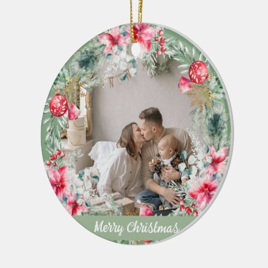 Modern gedicht Poinsettia rood groene krans kerst Keramisch Ornament (Links)