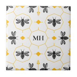 Modern Geel Bij Patroon Elegante Zwarte Monogram Tegeltje