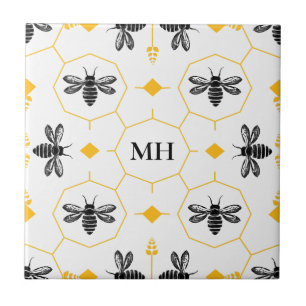 Modern Geel Bij Patroon Elegante Zwarte Monogram Tegeltje