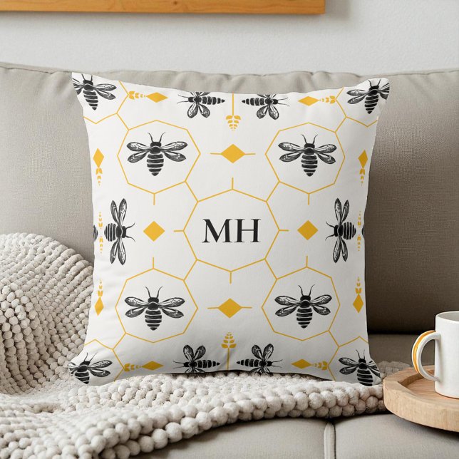 Modern Geel Bij Patroon Zwart Elegant Monogram Kussen (Modern Yellow Bee Pattern Black Elegant Monogram Throw Pillow)