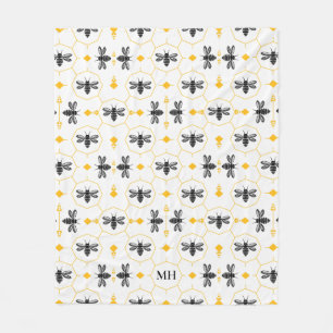 Modern geel bijenpatroon Elegant zwart monogram Fleece Deken