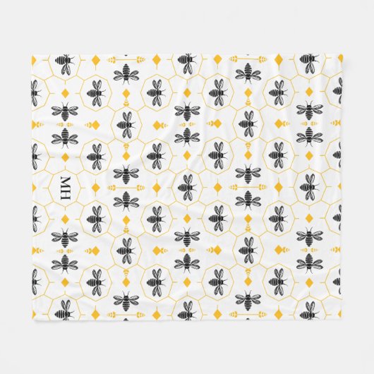 Modern geel bijenpatroon Elegant zwart monogram Fleece Deken (Voorkant (Horizontaal))