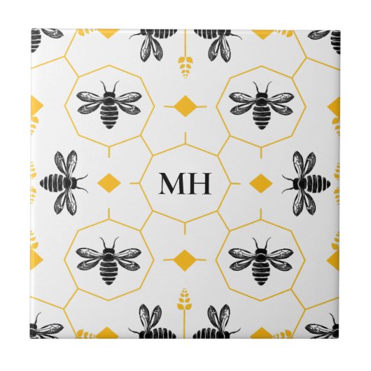 Modern geel bijenpatroon Elegant zwart monogram Tegeltje (Voorkant)