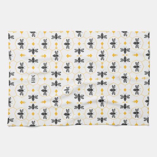 Modern geel bijenpatroon zwart elegant monogram theedoek (Horizontaal)