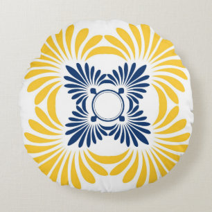 Modern Geel Blauw BloemenPatroon Rond Kussen
