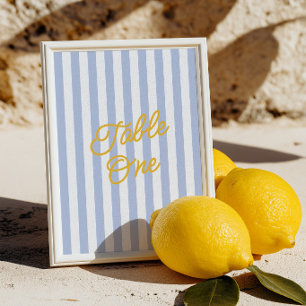 Modern Geel & Blauw Gestreepte Tafelnummer Bruilof