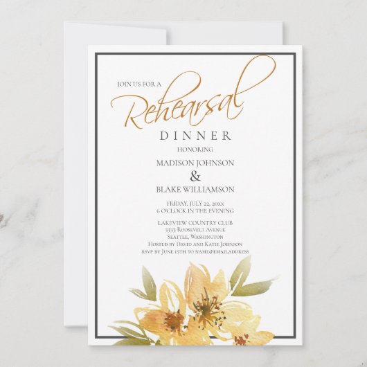 Modern geel en grijs bruiloft repetitie diner kaart (Voorkant)