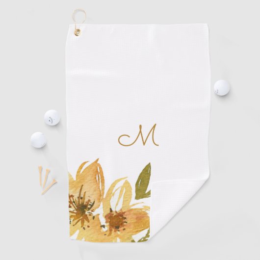 Modern geel en koper bloemenmonogram golfhanddoek (Insitu)