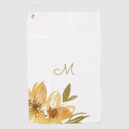 Modern geel en koper bloemenmonogram golfhanddoek