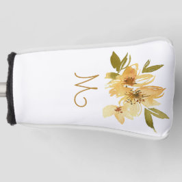 Modern geel en koper bloemenmonogram golfheadcover