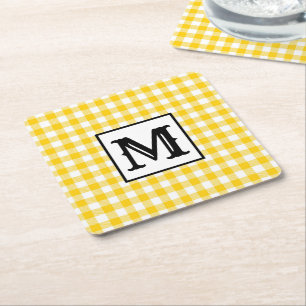 Modern geel geplakt monogram kartonnen onderzetters