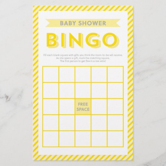 Modern Geel Gestreepte Baby Shower Bingo Spel Briefpapier (Voorkant)