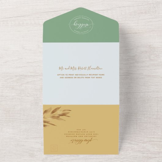 Modern Geel Grijs Huwelijk met Geperforeerde RSVP  All In One Uitnodiging (Buitenkant)