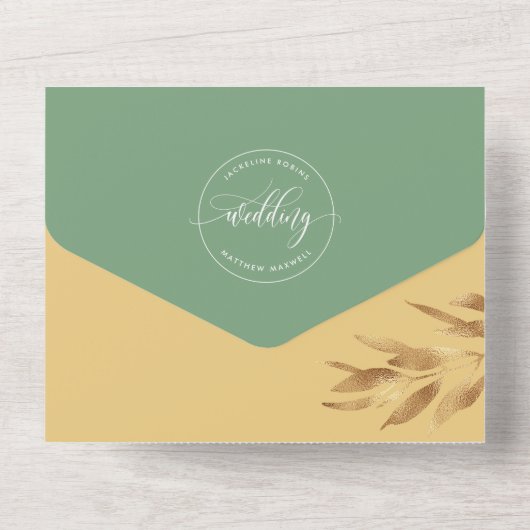 Modern Geel Grijs Huwelijk met Geperforeerde RSVP  All In One Uitnodiging (Achterkant)