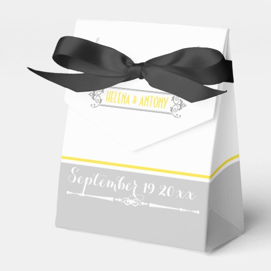 Modern geel, grijs, wit vintage bruiloft bedankdoosjes (Voorkant Zijde)