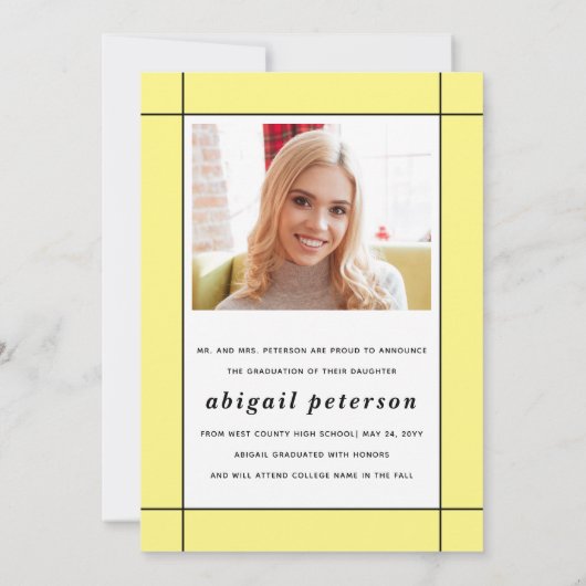 Modern geel Klasse van 2025 afstuderen foto Aankondiging (Achterkant)