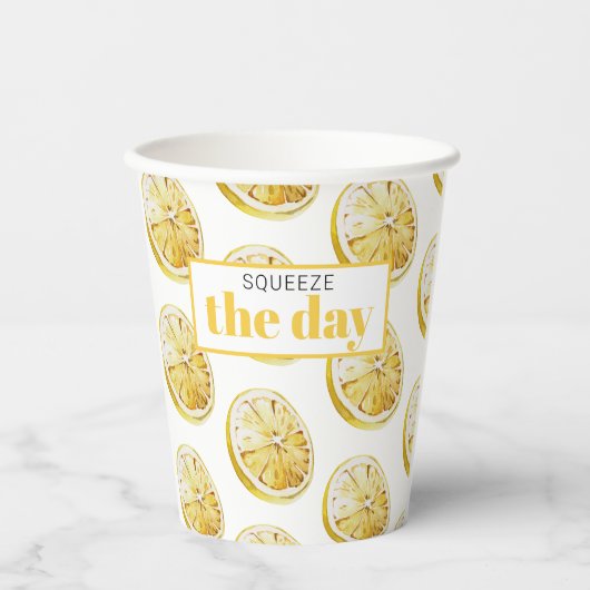 Modern geel lemonpatroon en knijp de dag in papieren bekers (Voorkant)