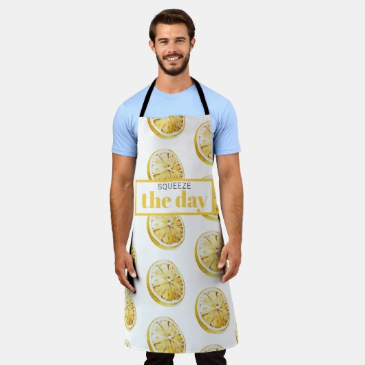 Modern geel lemonpatroon en knijp de dag in schort (Gedragen)